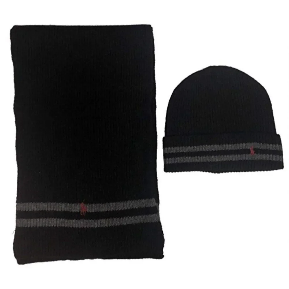 Polo Ralph Lauren Men's Black 2 Piece Set Hat & Scarf Lambswool Blend